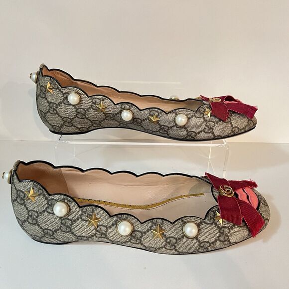 Gucci GG Monogram Lexi Supreme Pearl Lips Stars Bow Brown Ballet Flats SZ EU 39 - Picture 3 of 16